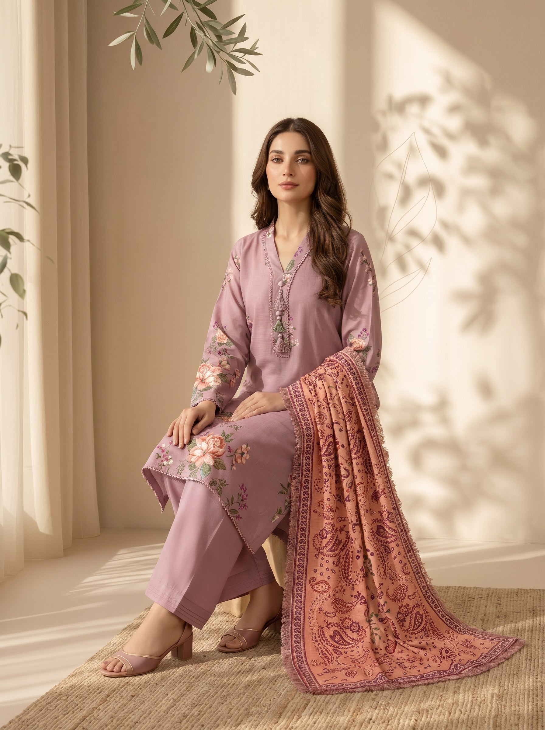 Dusty lilac floral embroidery on unstitched viscose suit for women
