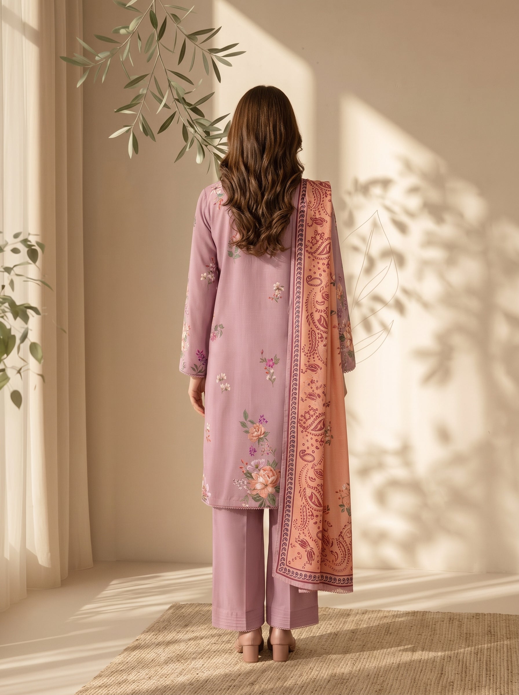 Dusty lilac unstitched 3 Pcs Viscose suit for women with peach-pink paisley shawl