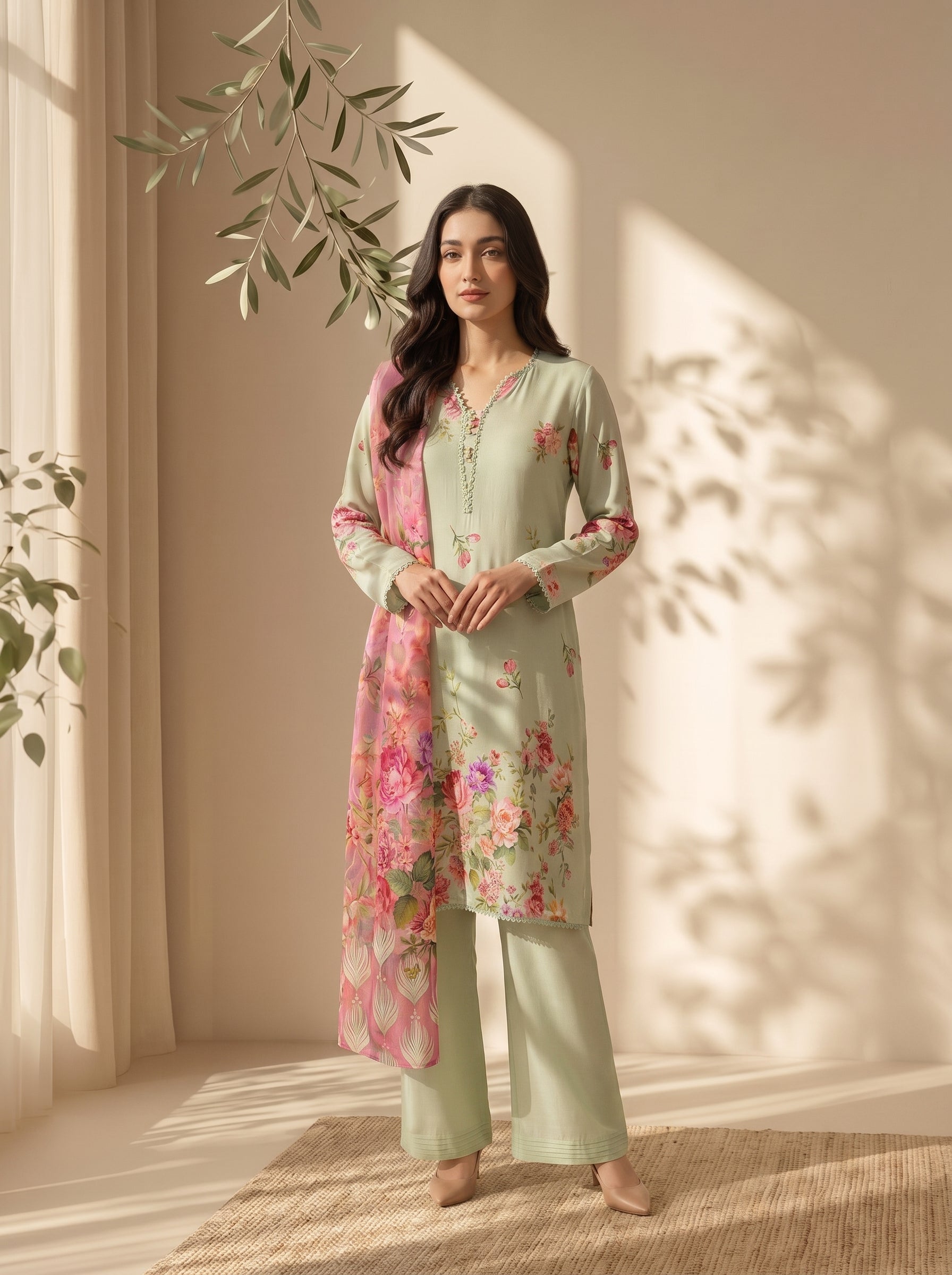 3 Pcs Unstitched Printed Dobby Viscose Suit in pistachio green for women