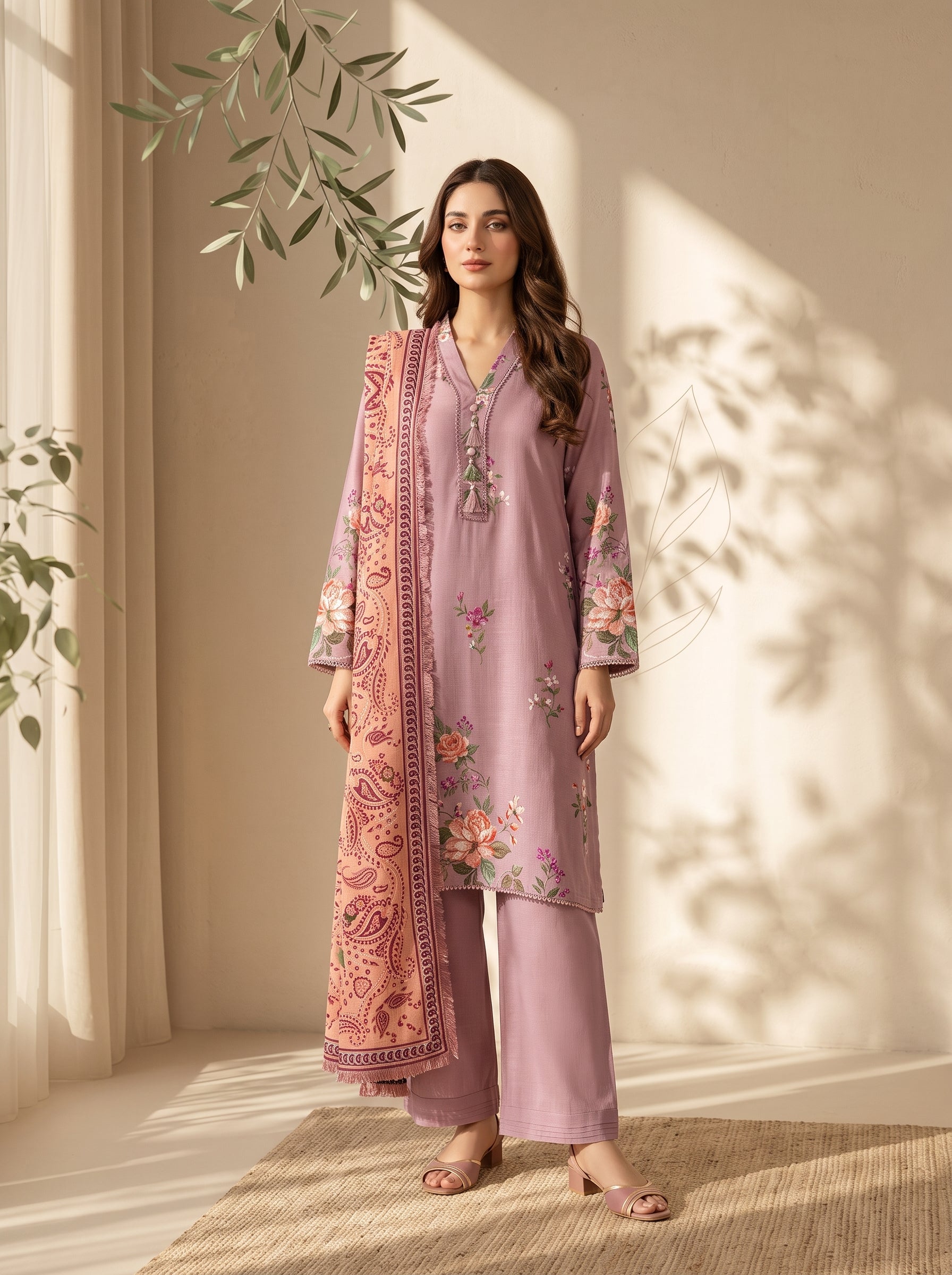 3 Pcs Unstitched Printed Dobby Viscose Suit in dusty lilac for women