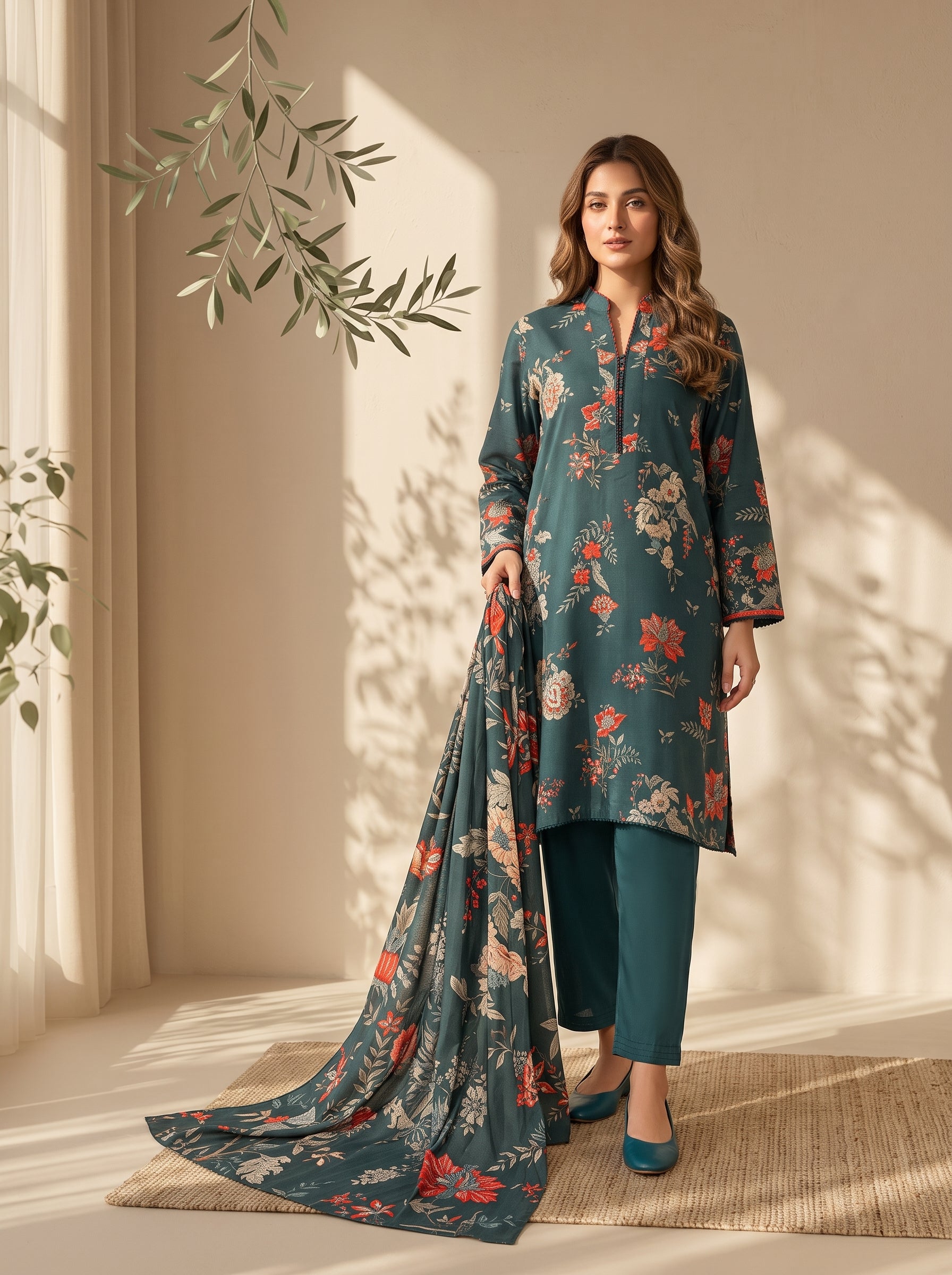 3 Pcs Unstitched Printed Dobby Viscose Suit in deep teal for women