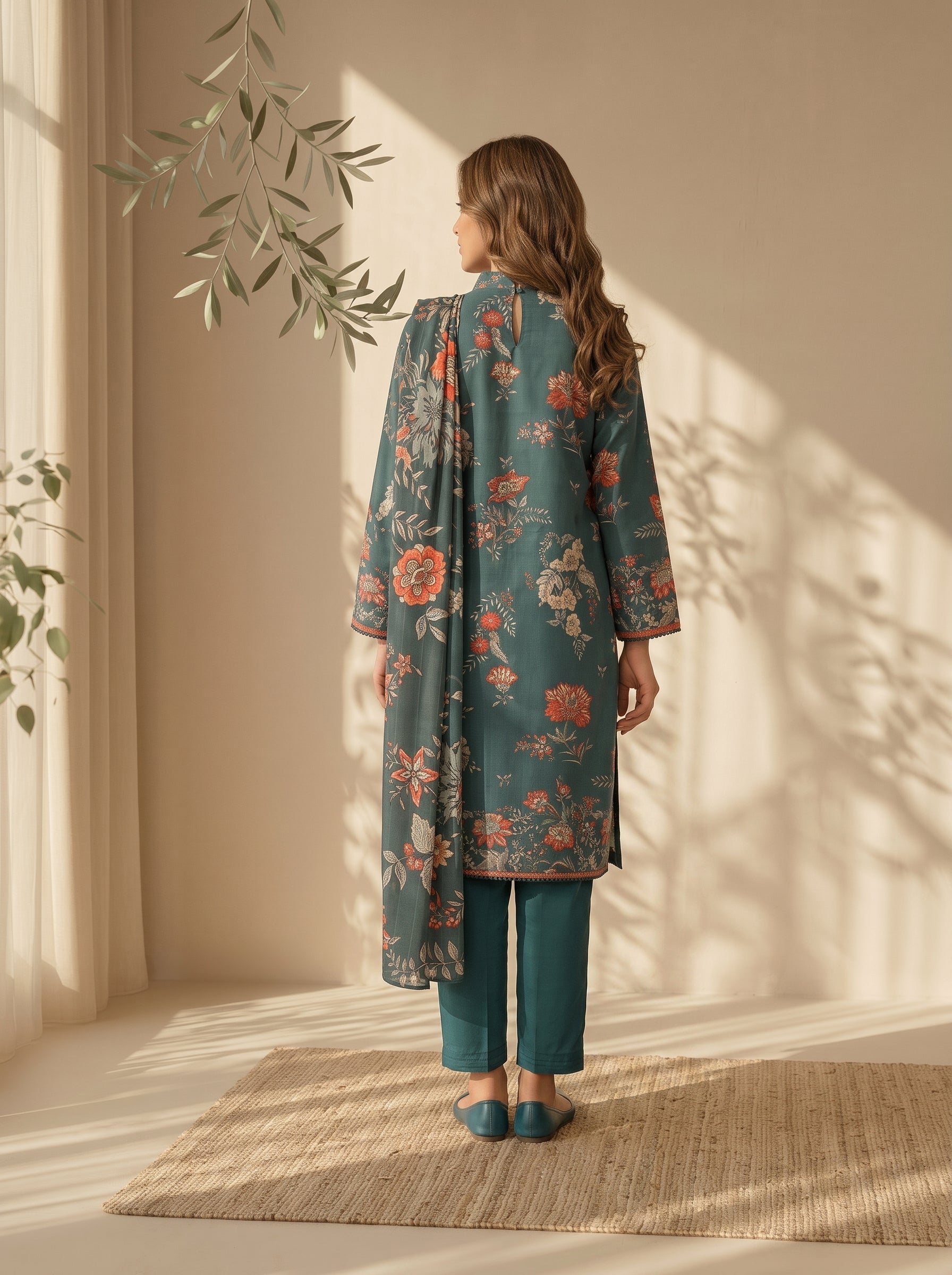Deep teal unstitched 3 Pcs Viscose suit for women with all-over printed dupatta
