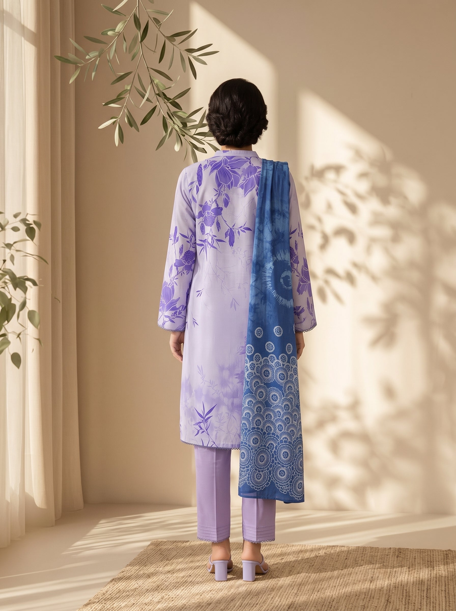 Soft lilac watercolor floral print on unstitched viscose suit for women