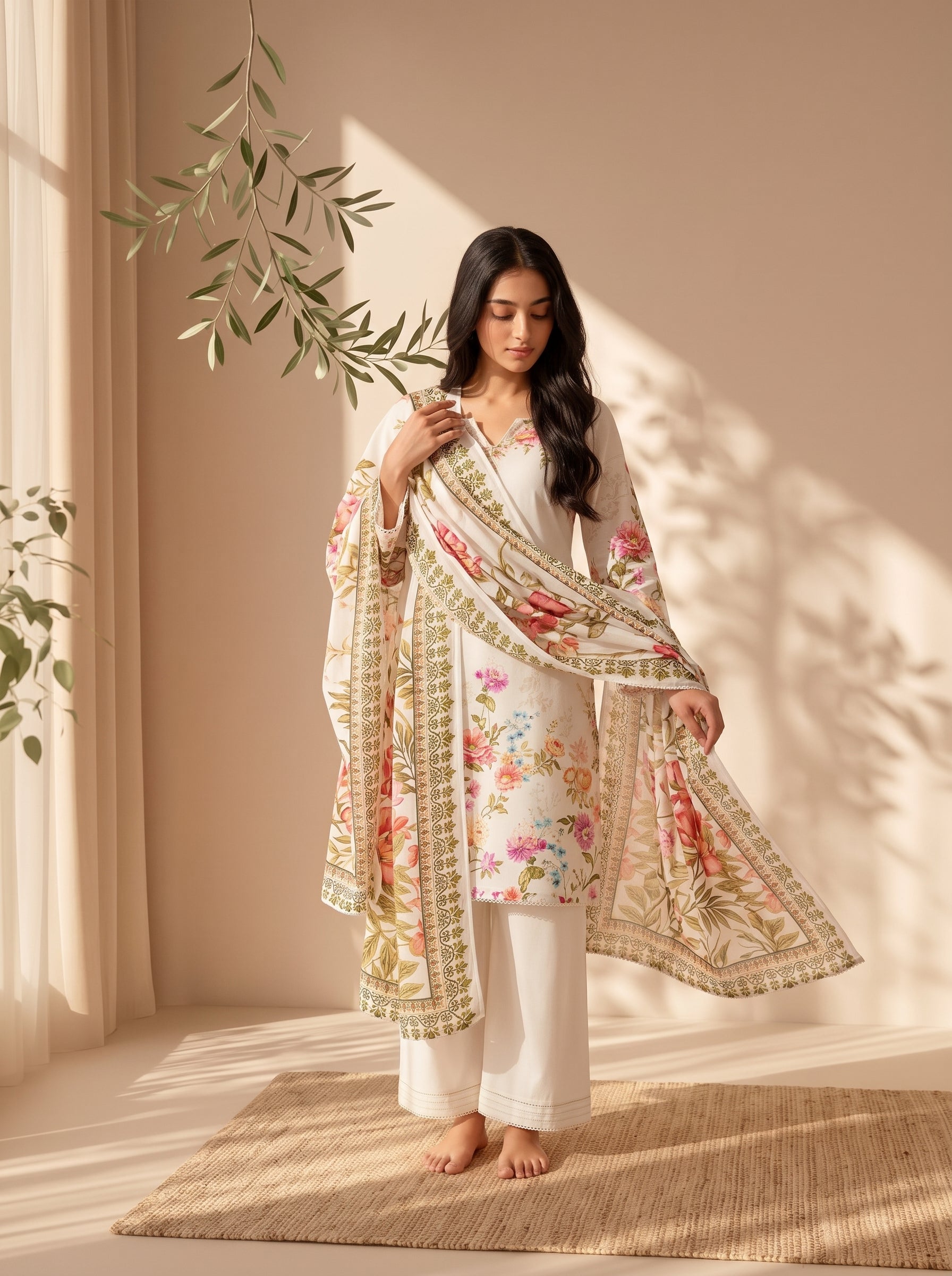 Off-white multicolor floral spray print on unstitched viscose suit for women