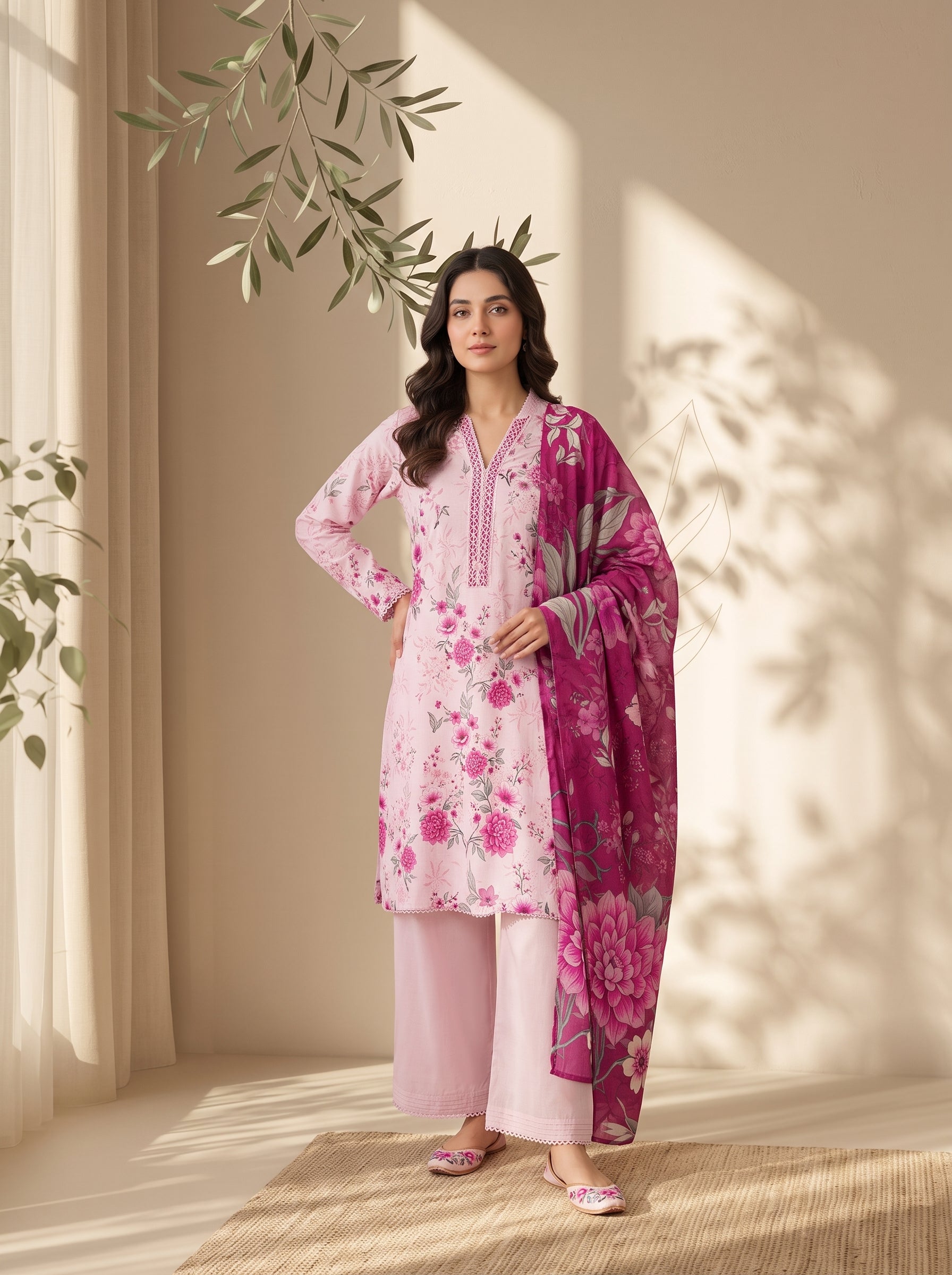 3 Pcs Unstitched Printed Dobby Viscose Suit in baby pink for women