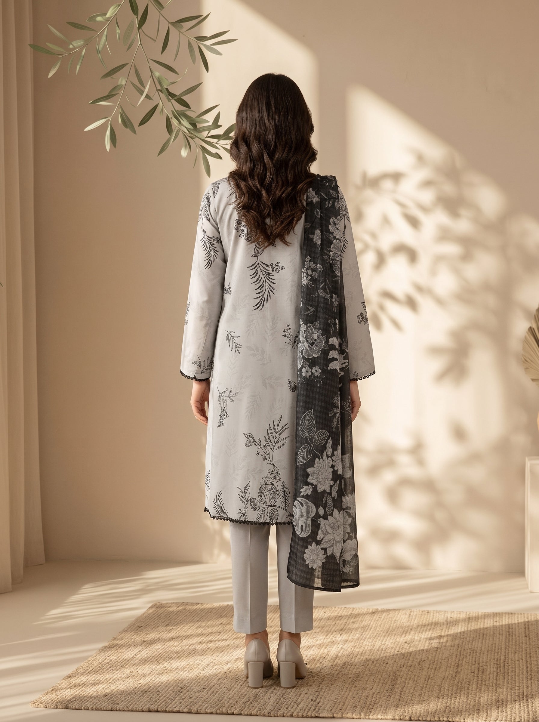 Light grey monochrome botanical print on unstitched viscose suit for women