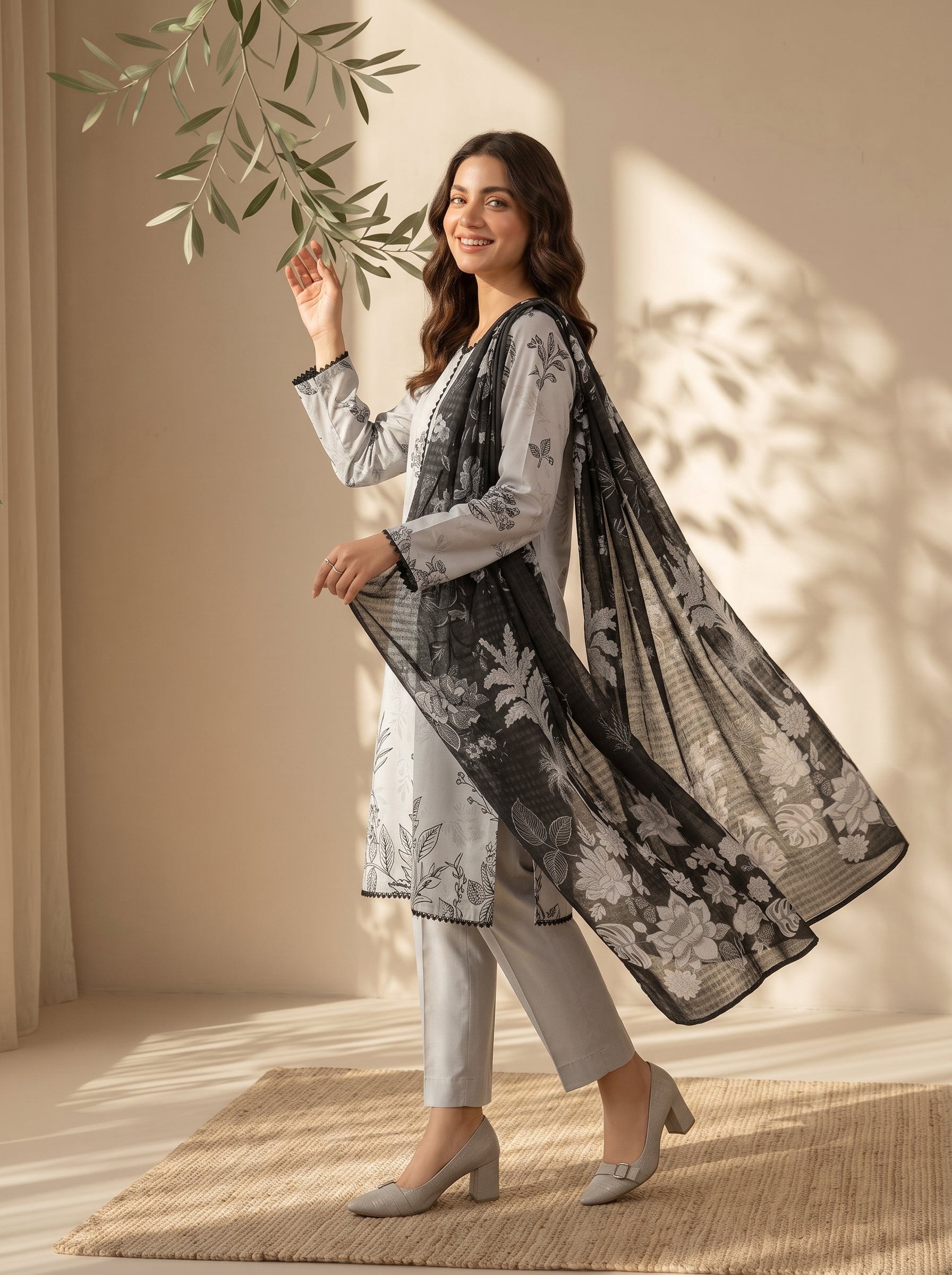 Light grey unstitched 3 Pcs Viscose suit for women with black floral dupatta