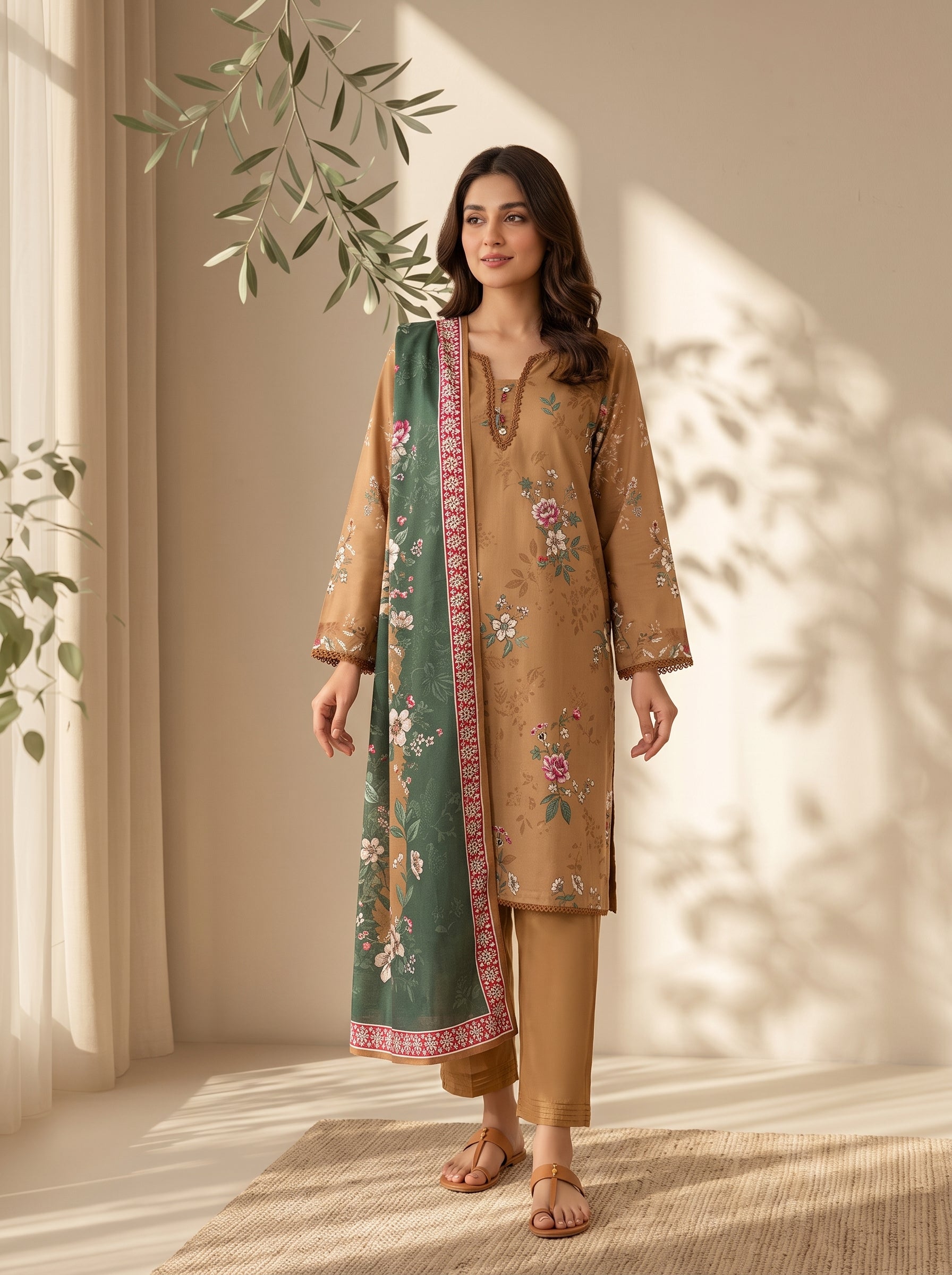 Soft light grey black-and-white botanical print on unstitched viscose suit for women