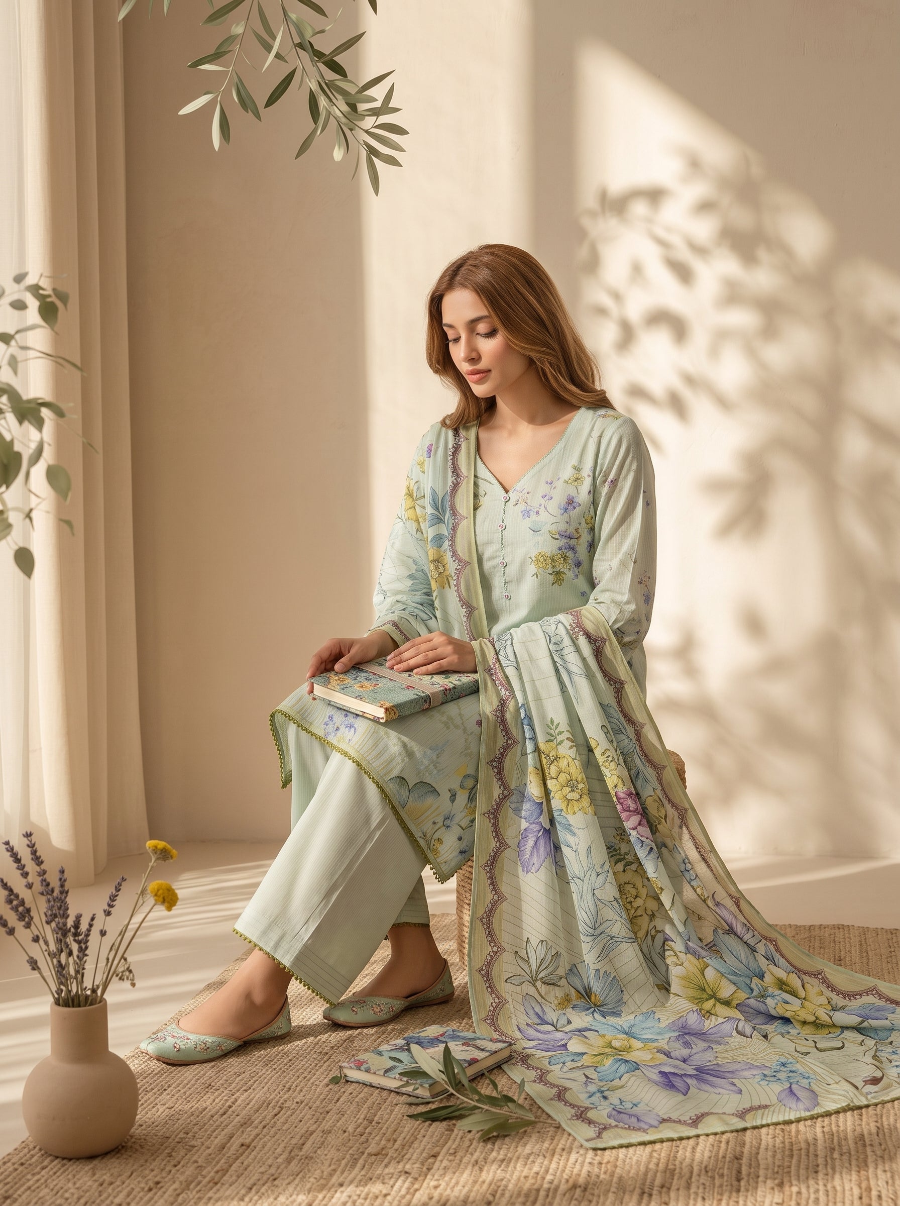 Women's mint ice unstitched viscose suit with scalloped edge trims