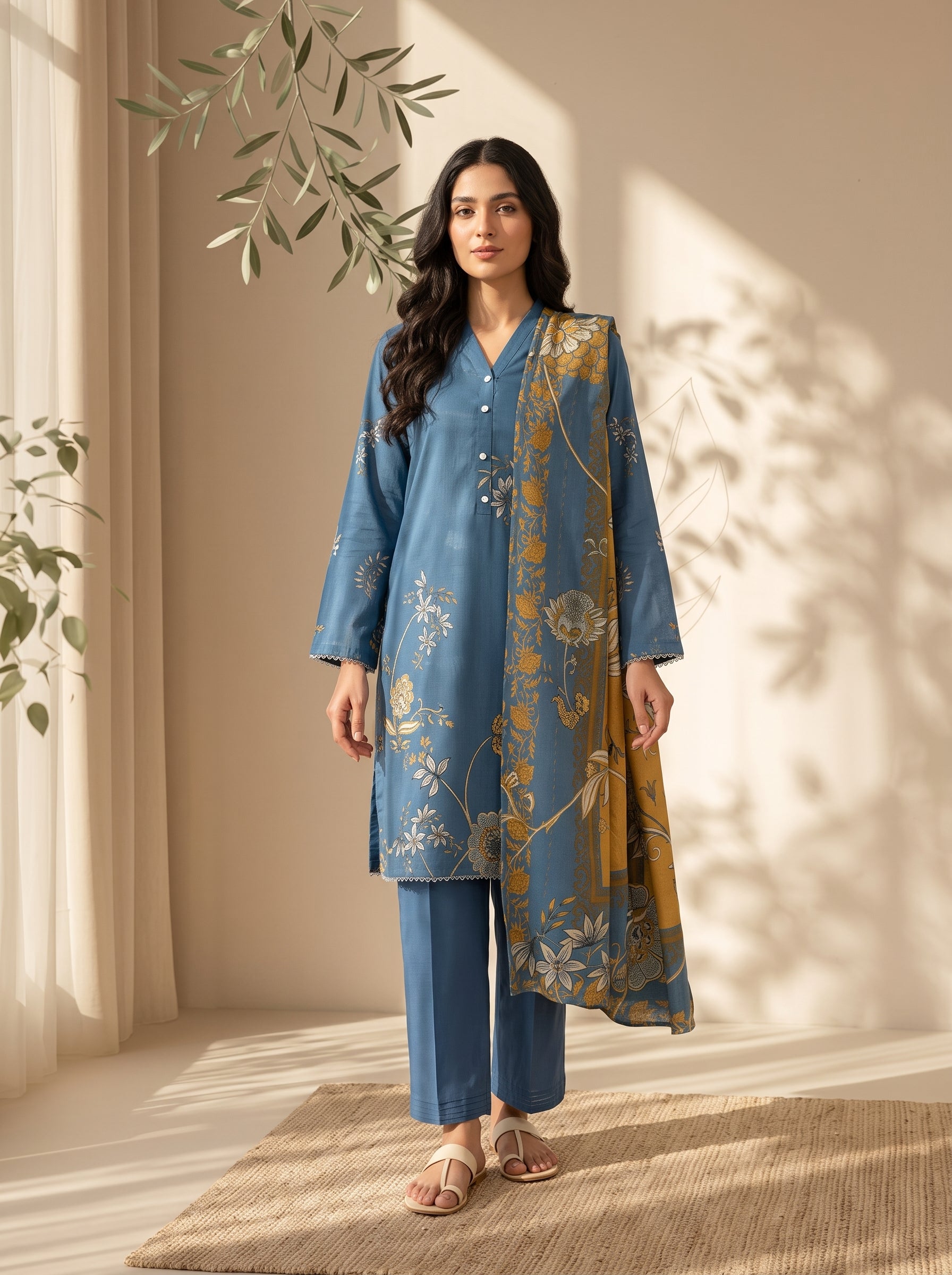 Steel blue golden-ochre floral vine print on unstitched viscose suit for women