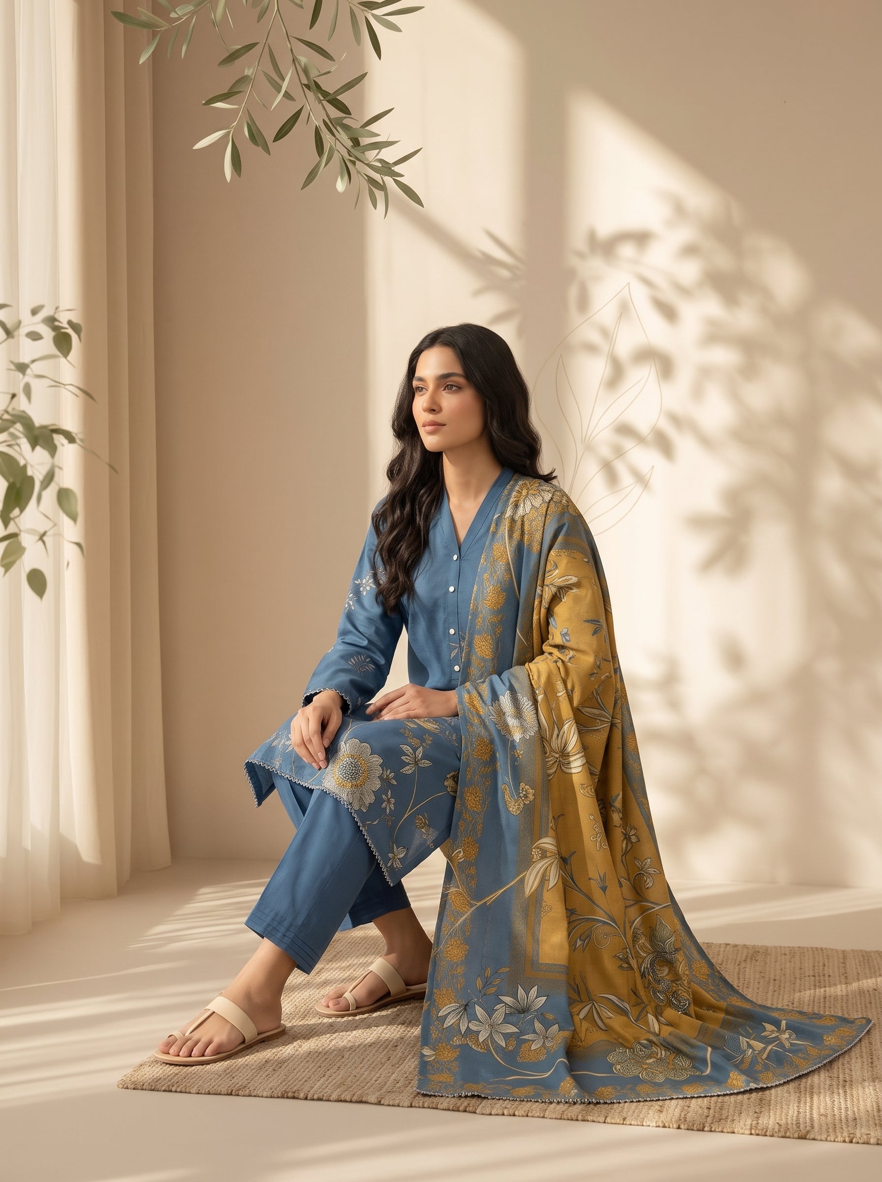 3 Pcs Unstitched Printed Dobby Viscose Suit in steel blue for women