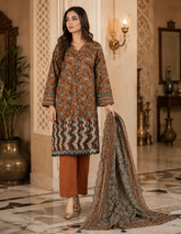 Rust floral print unstitched 3-piece embroidered lawn suit with silk dupatta and cutwork daman