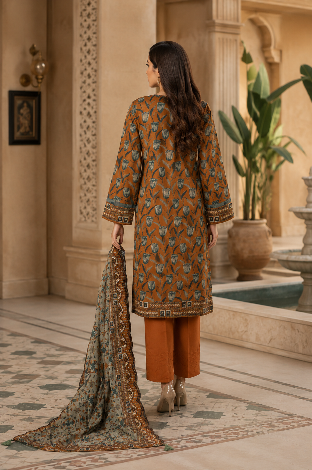Rust floral print unstitched 3-piece embroidered lawn suit with silk dupatta and cutwork daman