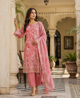 Pink floral print unstitched 3-piece embroidered schiffli lawn suit with organza dupatta