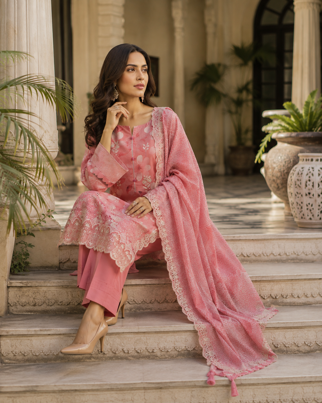 Pink floral print unstitched 3-piece embroidered schiffli lawn suit with organza dupatta