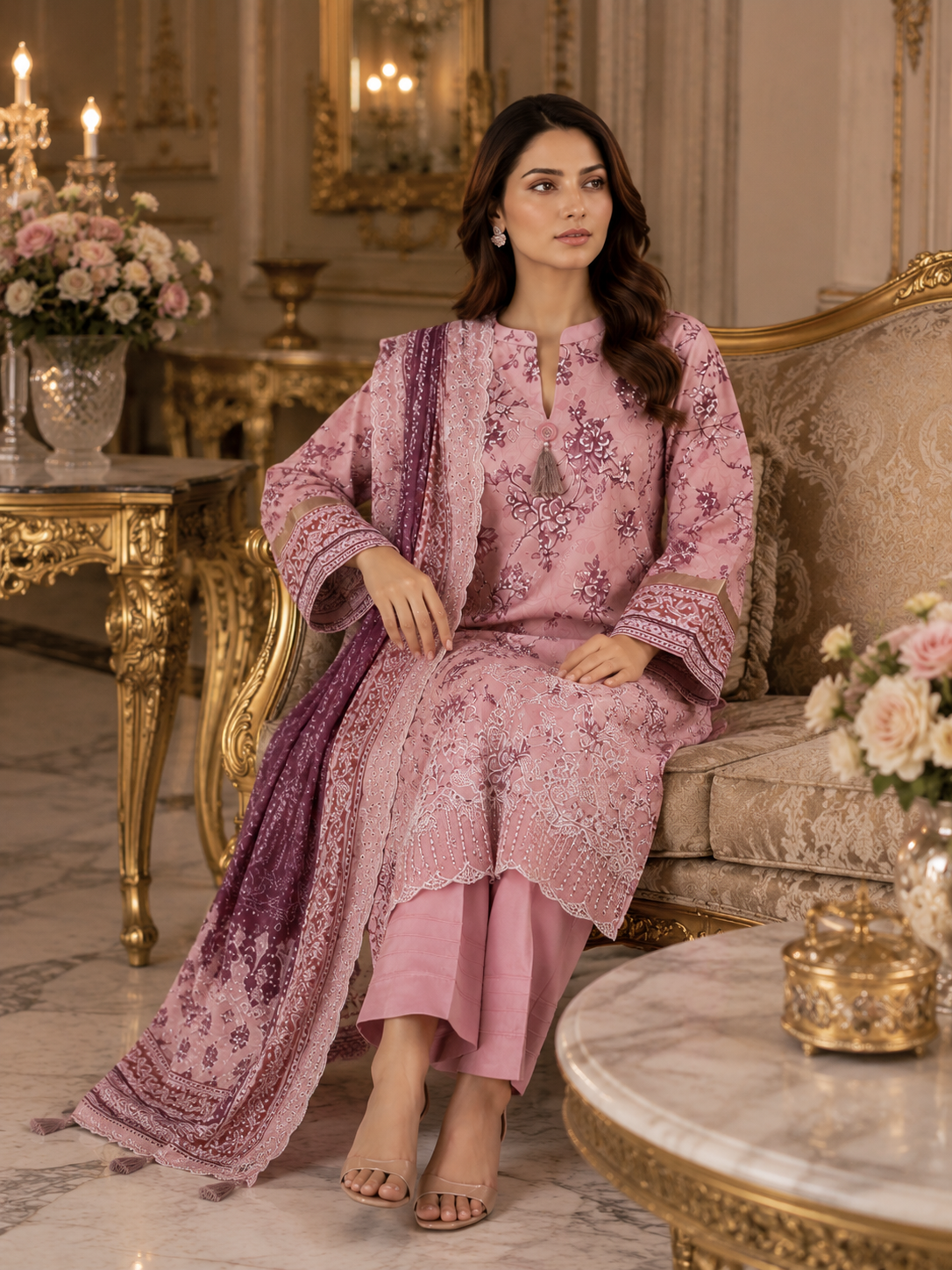 Pink unstitched 3-piece embroidered schiffli lawn suit with chiffon dupatta
