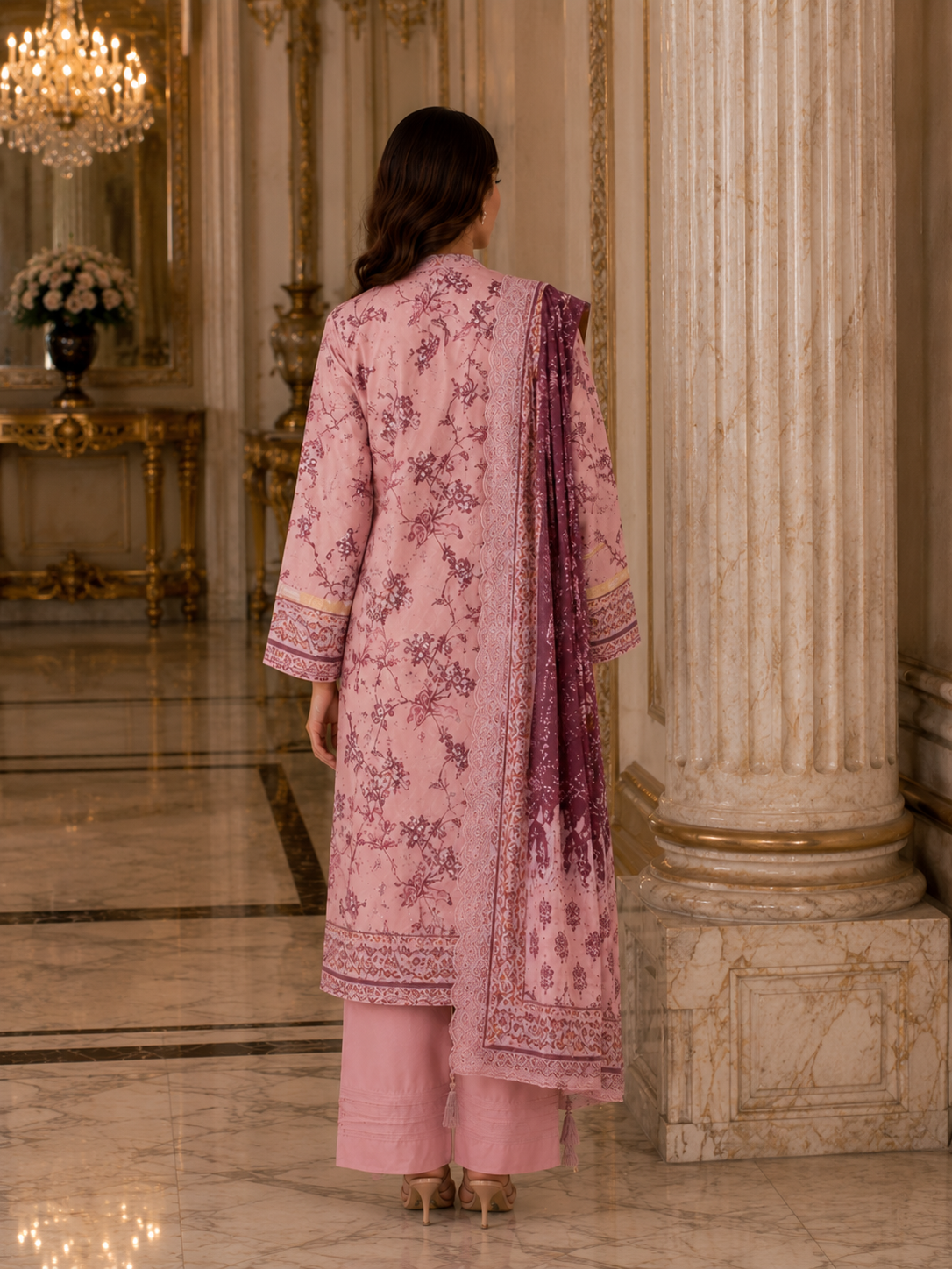 Pink unstitched 3-piece embroidered schiffli lawn suit with chiffon dupatta