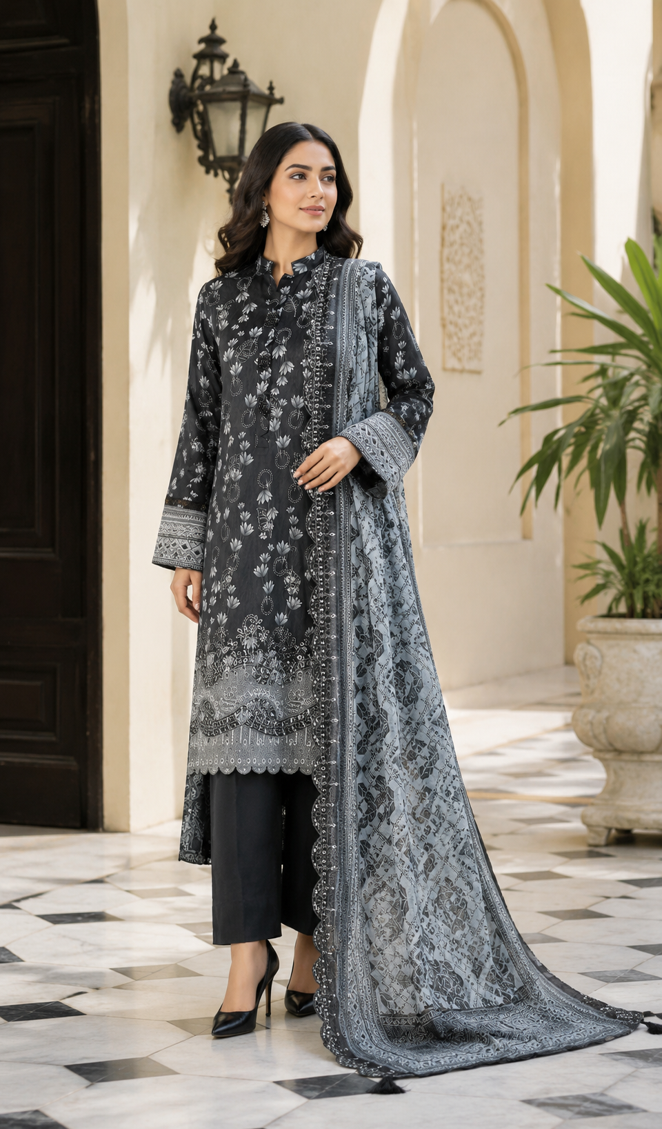 Black monochrome unstitched 3-piece embroidered schiffli lawn suit with chiffon dupatta
