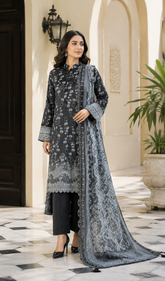 Black monochrome unstitched 3-piece embroidered schiffli lawn suit with chiffon dupatta