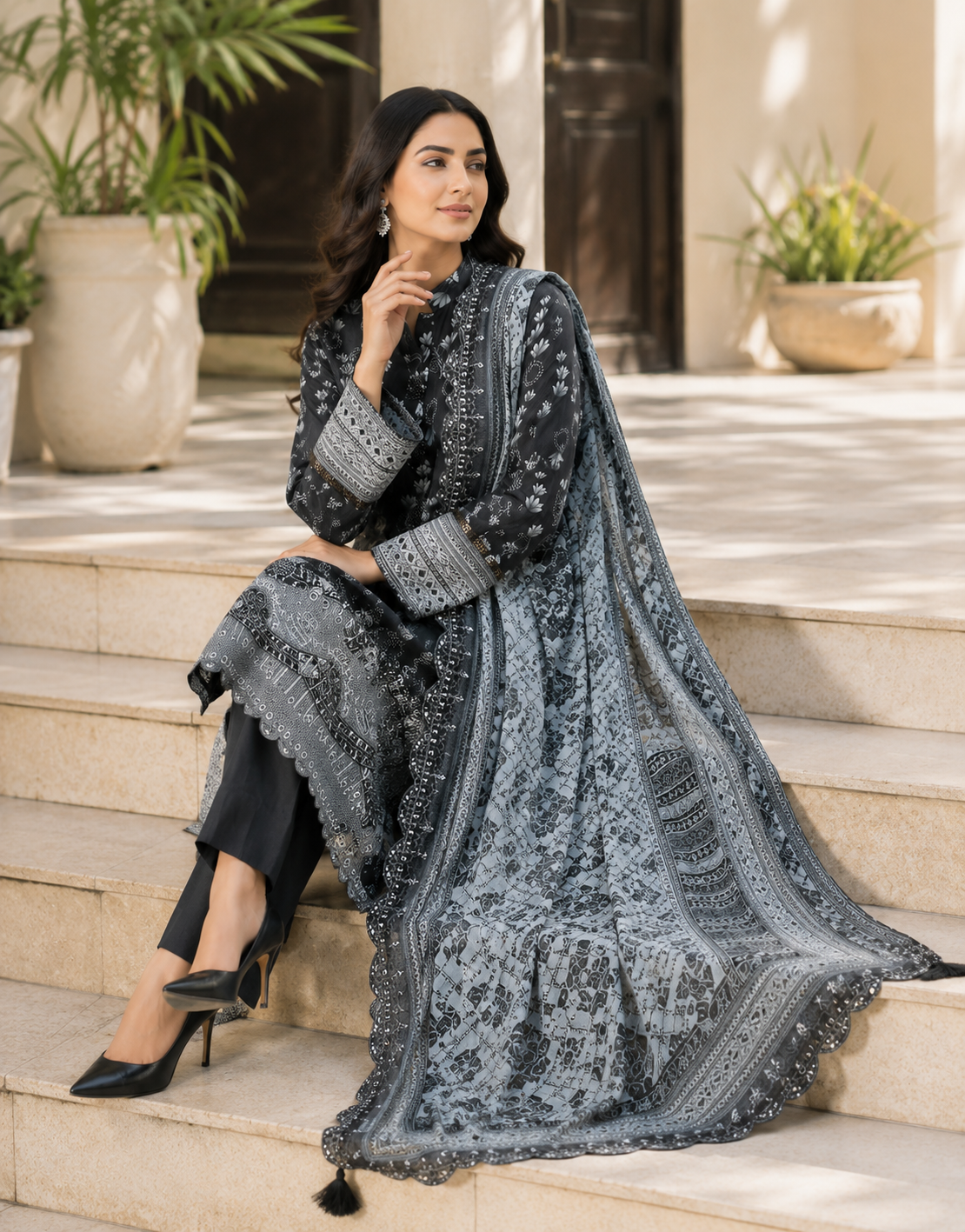 Black monochrome unstitched 3-piece embroidered schiffli lawn suit with chiffon dupatta