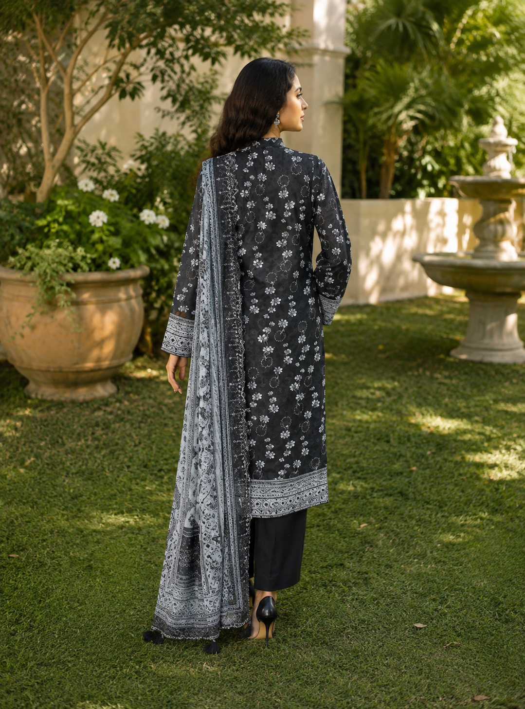 Black monochrome unstitched 3-piece embroidered schiffli lawn suit with chiffon dupatta