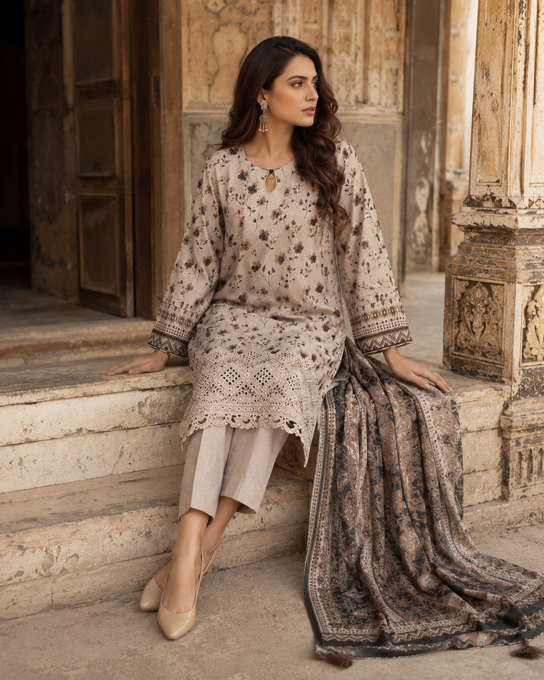Unstitched beige embroidered lawn suit for semi-formal wear
