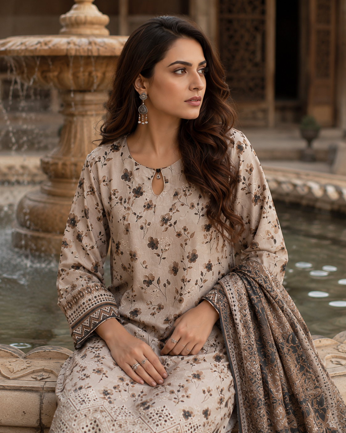 Beige three-piece unstitched lawn suit with geometric cutwork embroidery