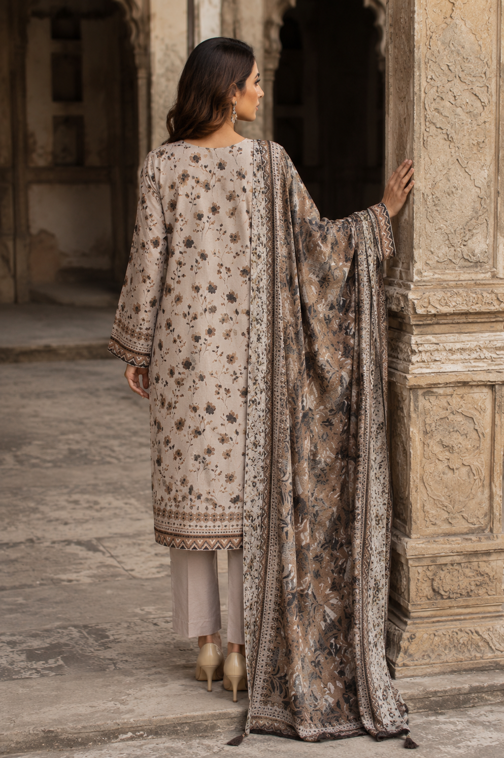 Unstitched beige schiffli lawn suit in earthy tones