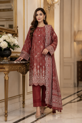 Maroon rust geometric print unstitched 3-piece lawn suit with voile dupatta