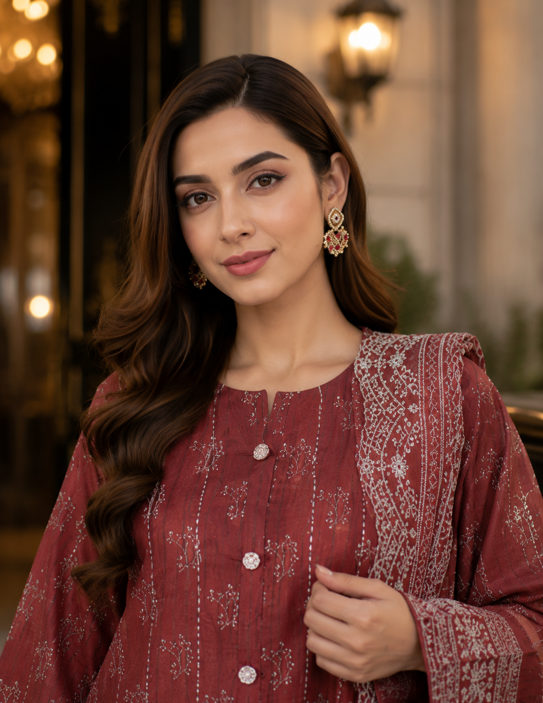 Maroon rust geometric print unstitched 3-piece lawn suit with voile dupatta
