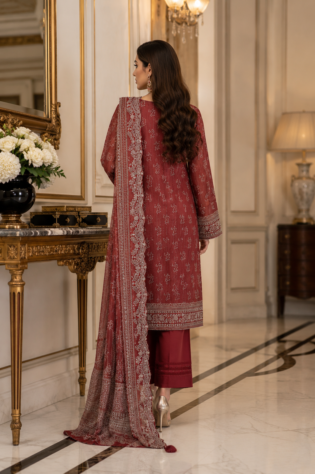 Maroon rust geometric print unstitched 3-piece lawn suit with voile dupatta