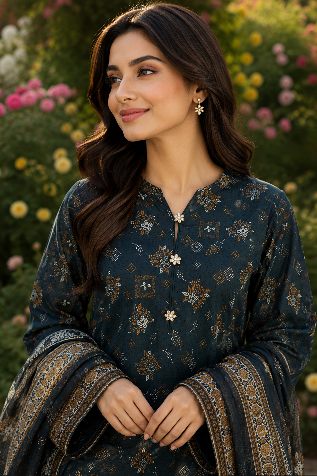 Teal geometric print unstitched 3-piece lawn suit with voile dupatta