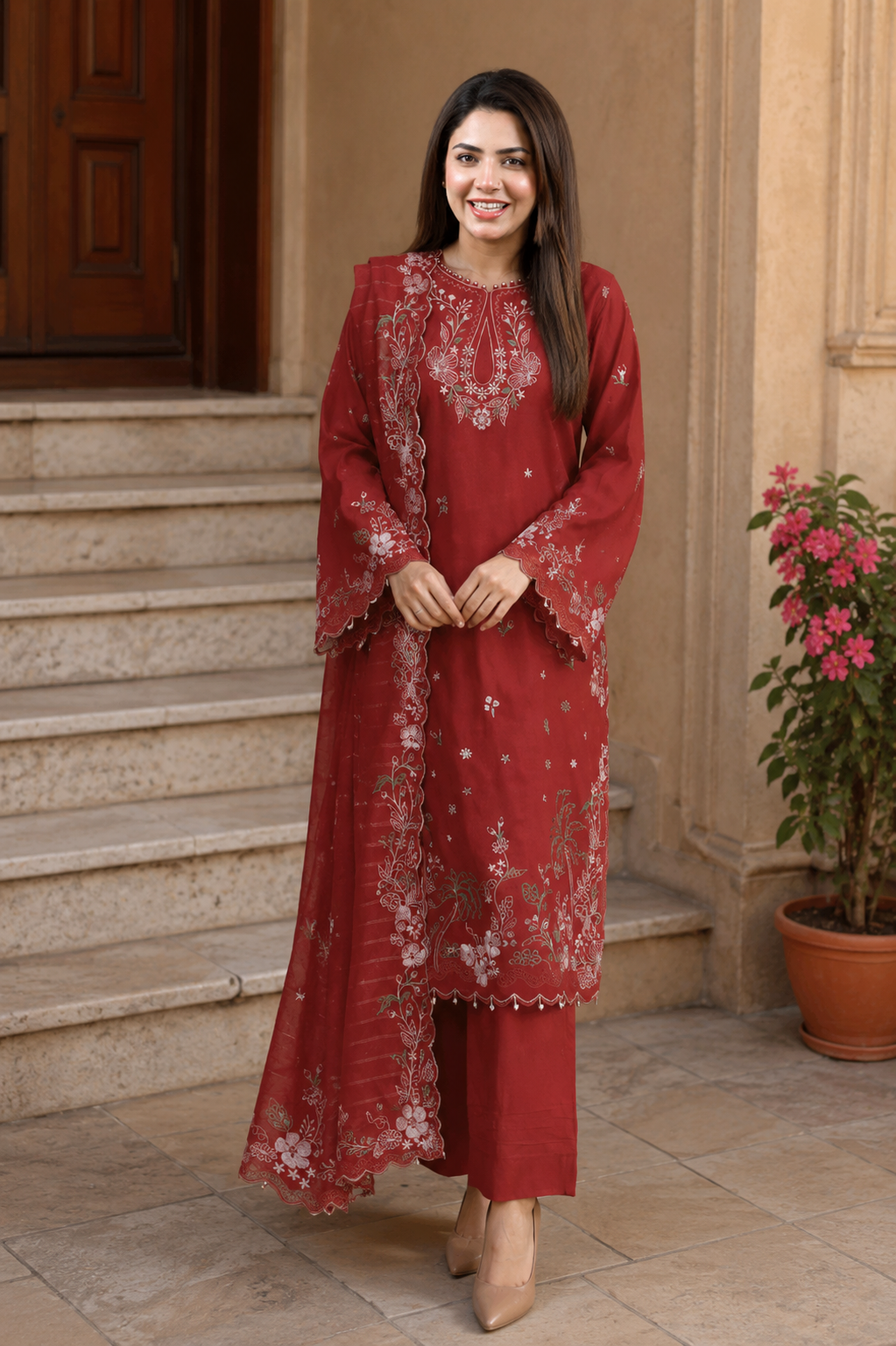 Unstitched crimson lawn suit with embroidered neckline