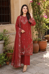 Crimson red unstitched three-piece embroidered lawn suit with organza dupatta