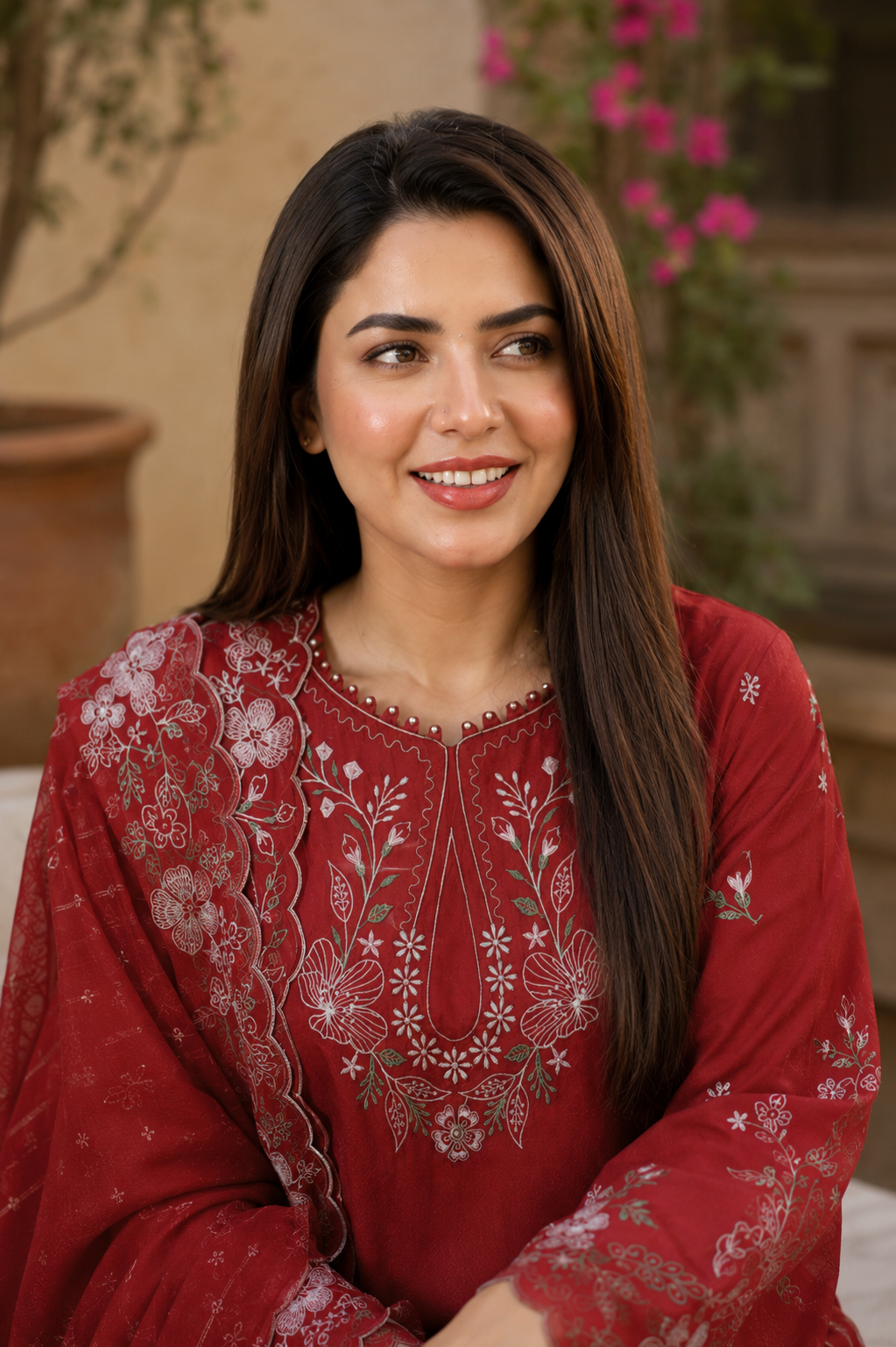Crimson red embroidered lawn suit with organza dupatta, unstitched