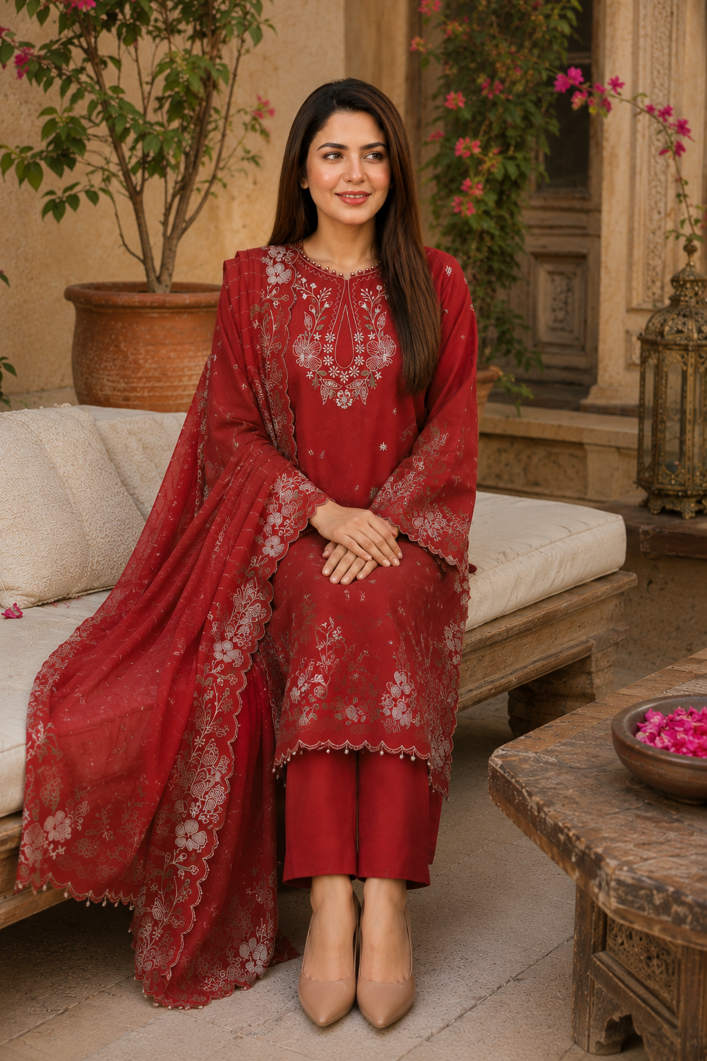Red three-piece unstitched luxury lawn suit for festive wear