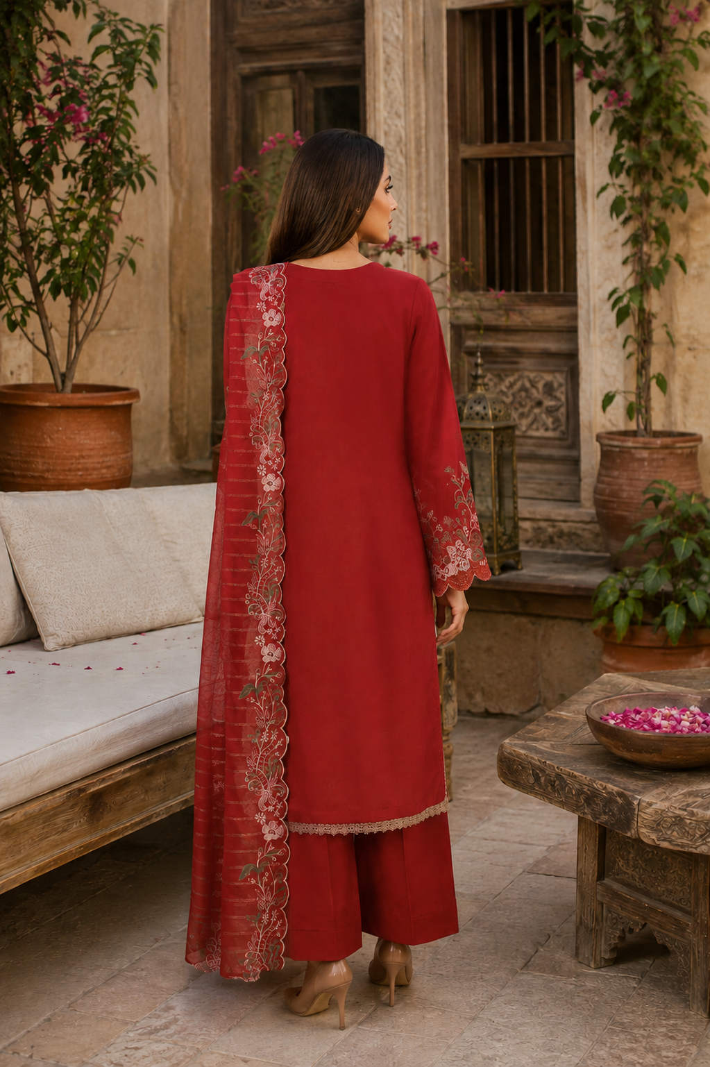 Unstitched red lawn suit with embroidered neckline and organza dupatta