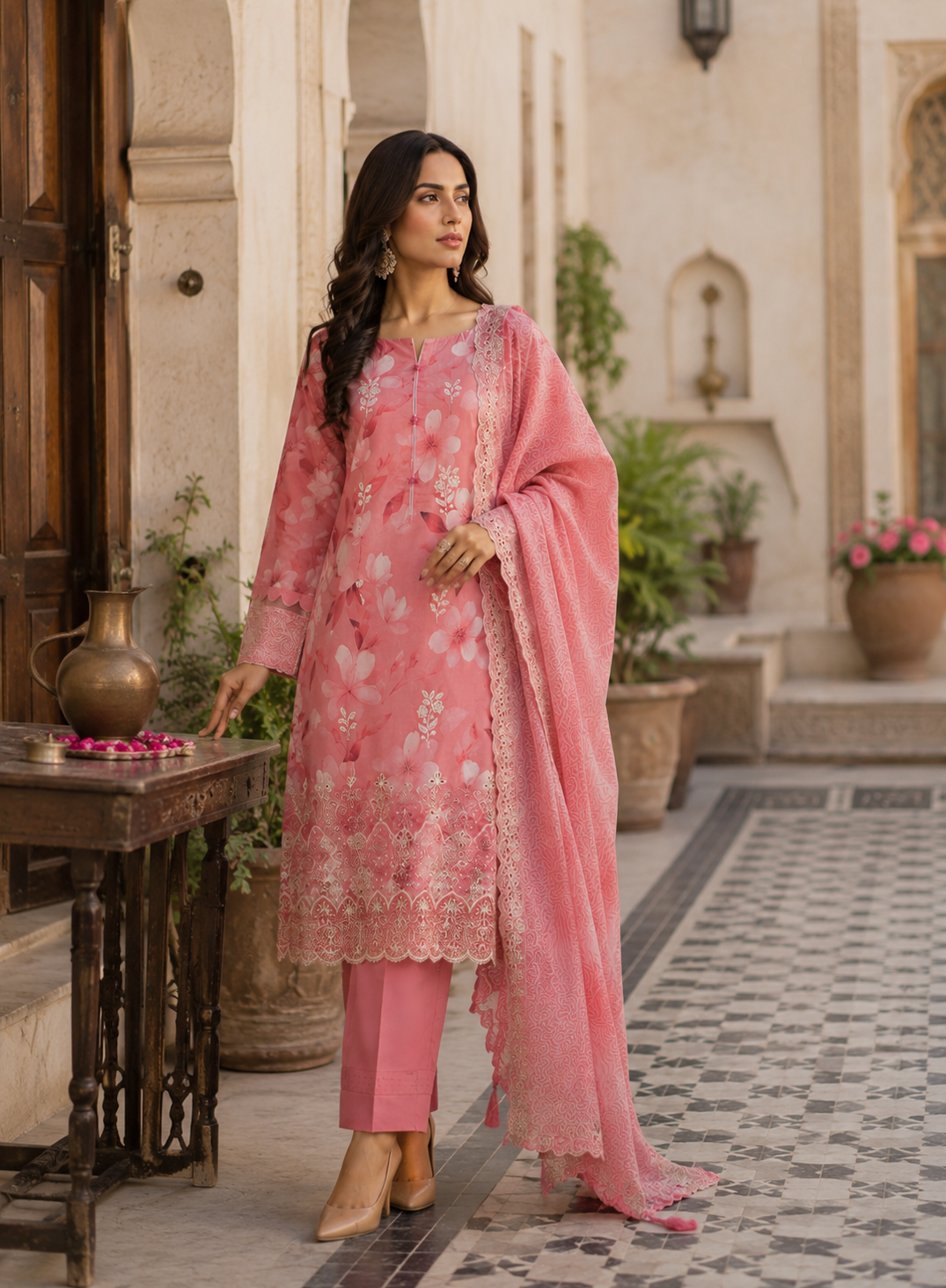 Pink floral print unstitched 3-piece embroidered schiffli lawn suit with organza dupatta
