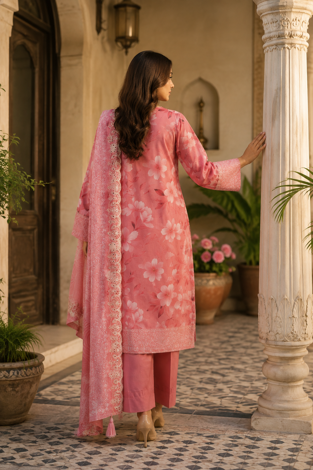 Pink floral print unstitched 3-piece embroidered schiffli lawn suit with organza dupatta