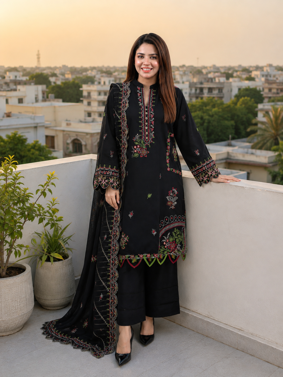Cross stitch embroidered black lawn suit with organza dupatta, unstitched