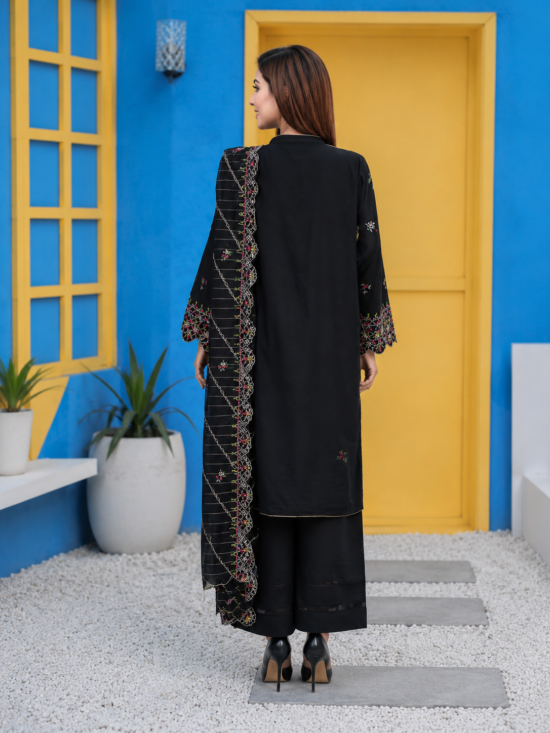 Unstitched black lawn suit with cross stitch embroidery