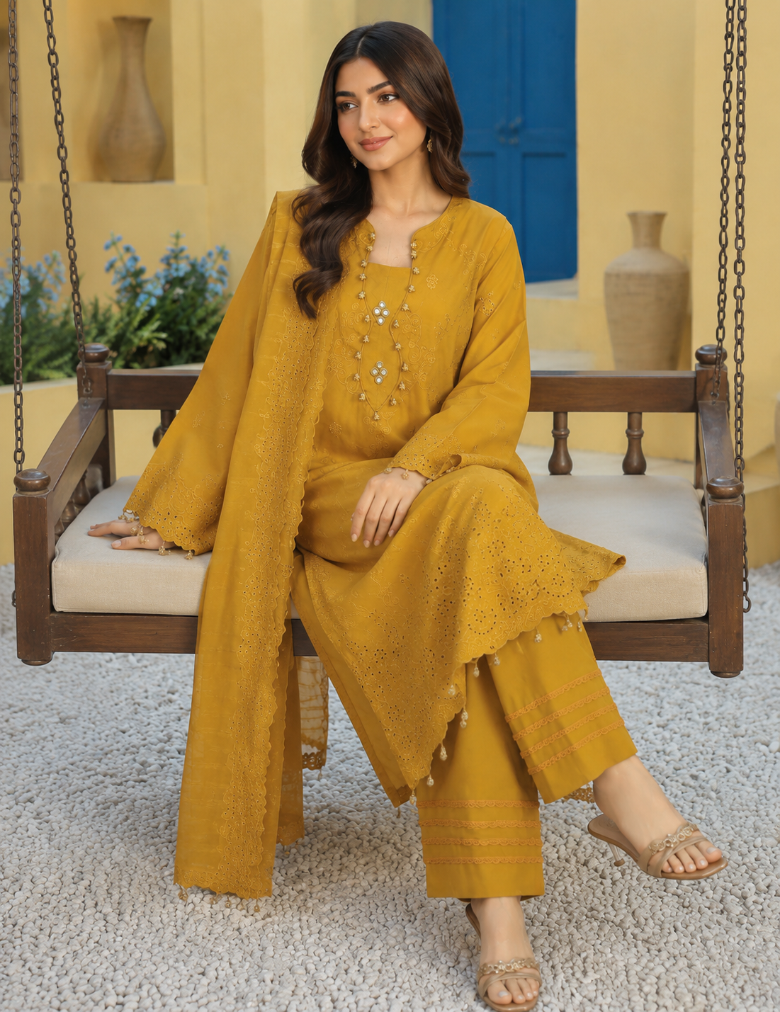 Unstitched mustard lawn suit with schiffli cutwork