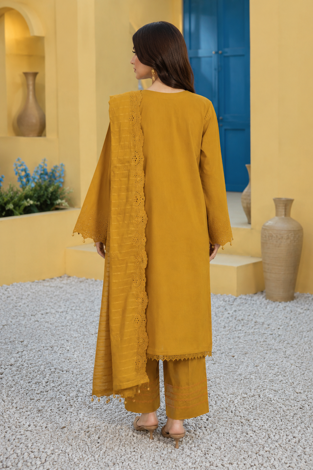Monochrome mustard embroidered lawn suit with organza dupatta, unstitched