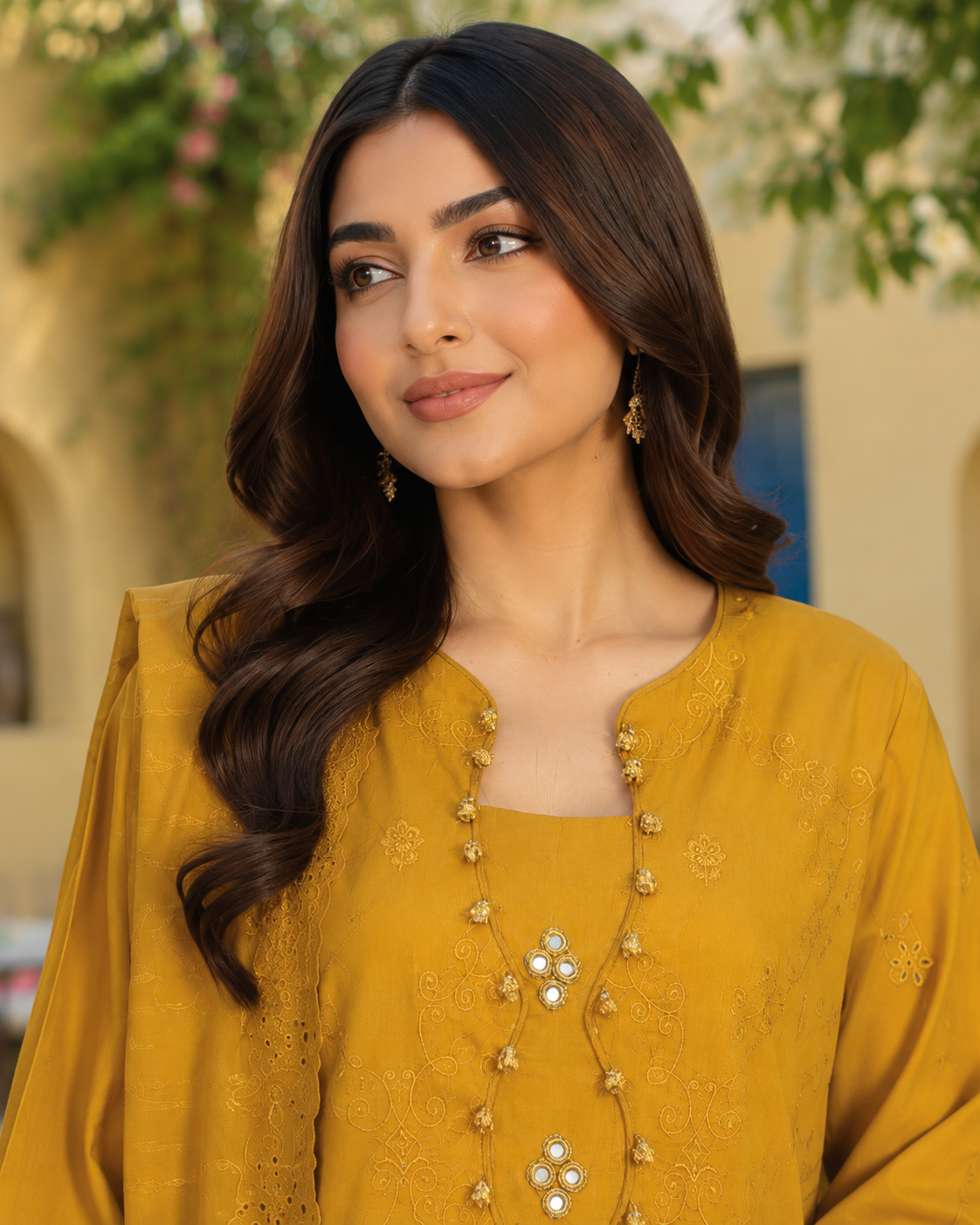 Mustard three-piece unstitched lawn suit for haldi and mayun wear