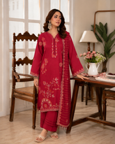 Hot pink unstitched three-piece embroidered lawn suit with organza dupatta