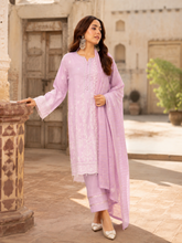 Lavender unstitched three-piece embroidered lawn suit with organza dupatta