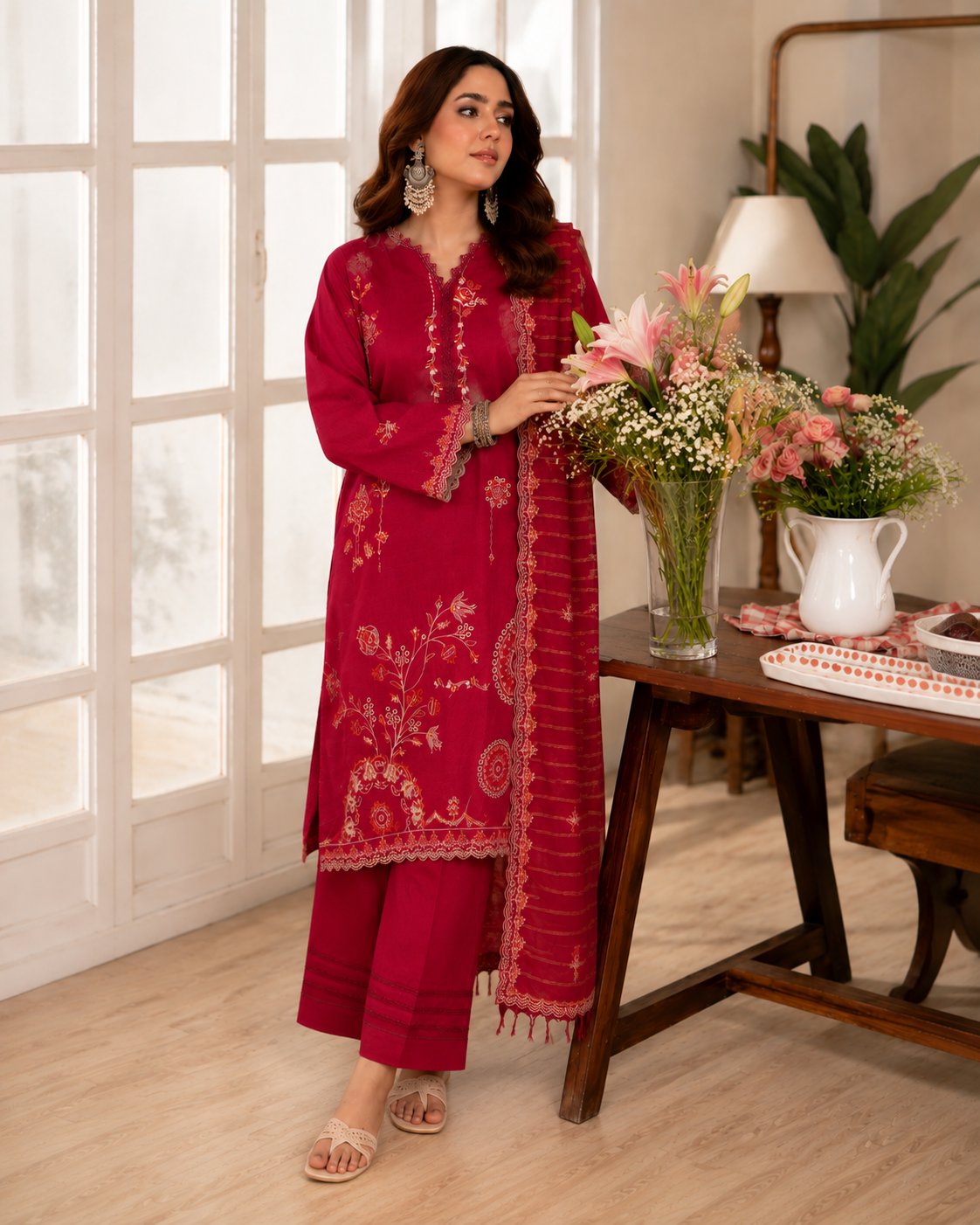 Unstitched hot pink embroidered lawn suit, three-piece