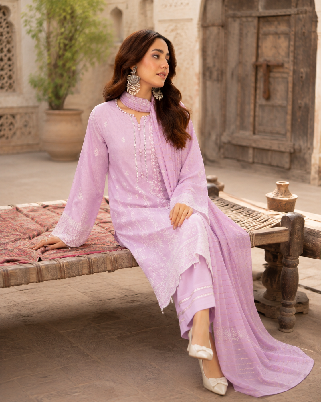 Pastel lilac embroidered lawn suit with organza dupatta, unstitched