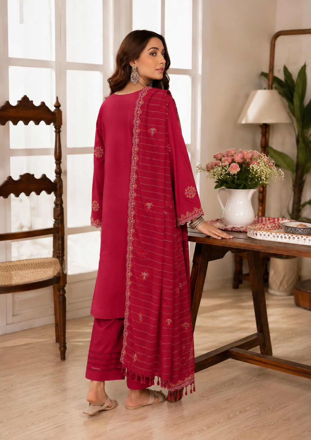 Hot pink three-piece luxury unstitched lawn suit for festive wear