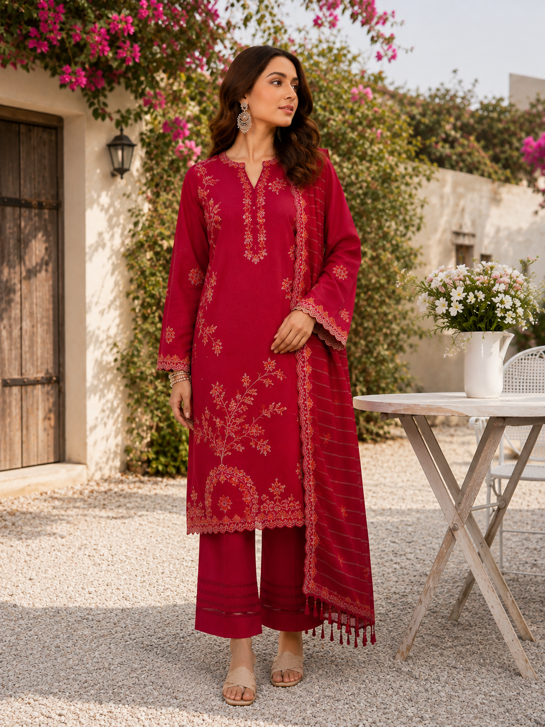 Unstitched magenta lawn suit with organza dupatta